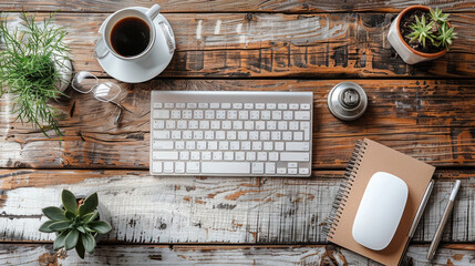 Aufkleber - A close-up of a keyboard, mouse, and planner on an old wooden table, creating a vintage office setup. top view. Generative AI.