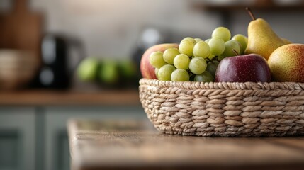 A selection of fresh fruits including apples, grapes, and pears are artistically arranged in a woven basket, placed on a rustic wooden table, ready to be enjoyed as a healthy snack.