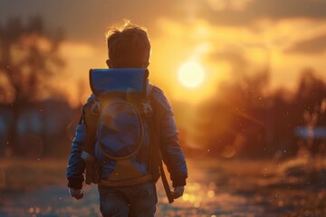 Poster - A person walking towards the sun, carrying a backpack