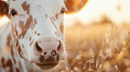 A close-up of a cow's face with a golden wheat field as the backdrop during sunset, highlighting the rustic charm and beauty of rural farm life in a serene setting.