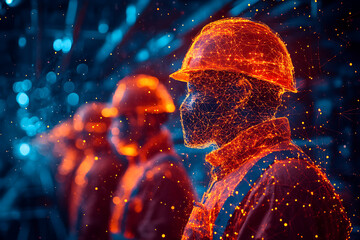 Wall Mural - Two digital construction workers wearing holographic safety helmets, highlighting futuristic technology and augmented reality in engineering and construction.
