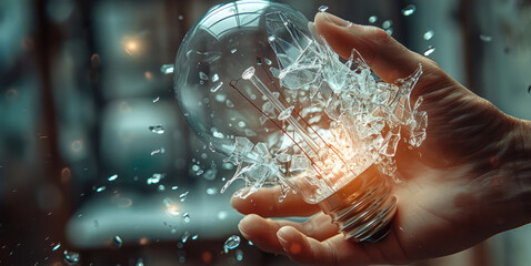 Poster - A hand smashing a lightbulb, with glass fragments scattering. Generative AI.
