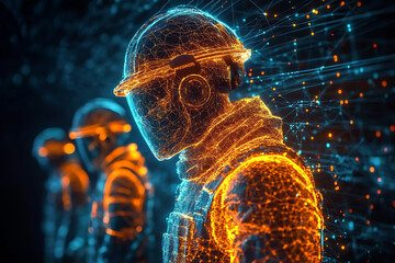 Wall Mural - Two digital construction workers wearing holographic safety helmets, highlighting futuristic technology and augmented reality in engineering and construction.
