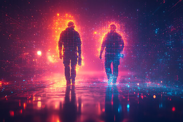 Wall Mural - Two digital construction workers wearing holographic safety helmets, highlighting futuristic technology and augmented reality in engineering and construction.
