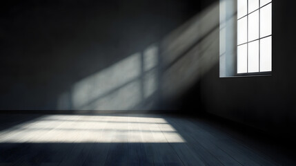 Wall Mural - Empty Dark Room with Sun Rays through Window Generated by AI