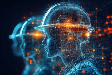 Wall Mural - Two digital construction workers wearing holographic safety helmets, highlighting futuristic technology and augmented reality in engineering and construction.
