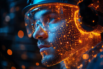 Wall Mural - Two digital construction workers wearing holographic safety helmets, highlighting futuristic technology and augmented reality in engineering and construction.
