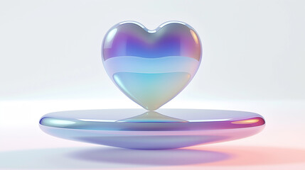 Wall Mural - Holographic Heart on a Pedestal: A shimmering iridescent heart, reminiscent of a prism, rests upon a gleaming, iridescent pedestal, bathed in a soft, ethereal glow. This 3D rendered image evokes feeli