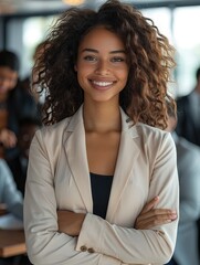 Fototapete - Beautiful accountant black woman smiling, her arms crossed in front on an office table with business people behind her. Generative AI.