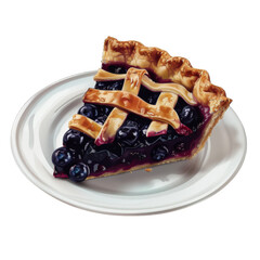 A slice of blueberry pie with a lattice crust on a white plate