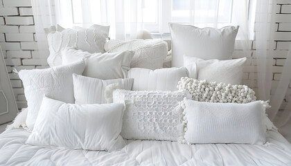 Wall Mural - Many soft pillows on bed at home