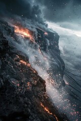 Poster - Mountain engulfed by lava with flames shooting out, volcanic landscape
