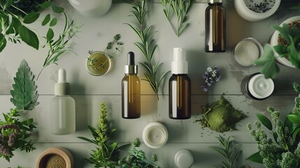 Natural skincare products displayed with fresh herbs and essential oils, highlighting their organic and soothing qualities