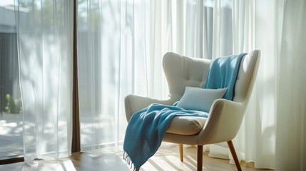 Poster - A white chair with blue blanket on it in front of a window, AI