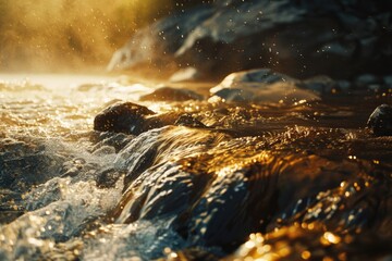 Poster - A close-up shot of calm water with rocks in the background