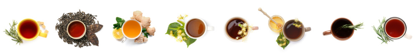set of cups with different kinds of tea on white background, top view