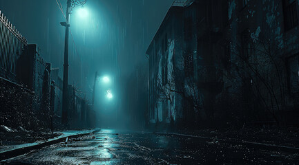 Poster - City at night in a mysterious and scary environment in a horror. Generative AI.