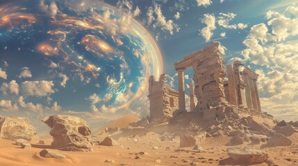 Surreal desert with colossal, ancient ruins and swirling cosmic skies, post-apocalyptic wonder