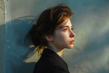 Canvas Print - A woman stands against a wall, closing her eyes, possibly meditating or reflecting