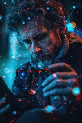 Poster - A person checking their mobile device amidst scattered dots, perfect for representing technology, digital life, or modern society