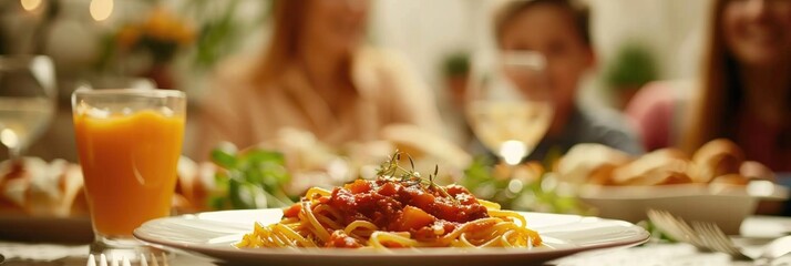 Close-up of a traditional meal featuring compote and a juice glass, accompanied by flavorful pasta bolognese, with a family sharing the experience at the kitchen table.