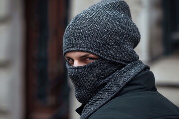 Poster - A person wearing a hat and scarf in cold weather, suitable for winter or outdoor scenes