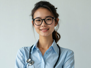 Wall Mural - portrait of a smiling female doctor with glasses, uniform and medical implement isolated on a white background