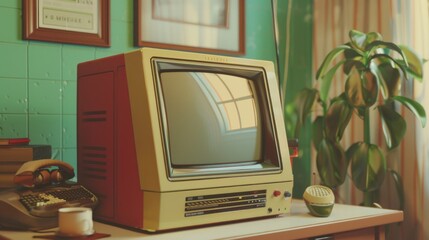Aufkleber - A small television sits on top of a wooden table
