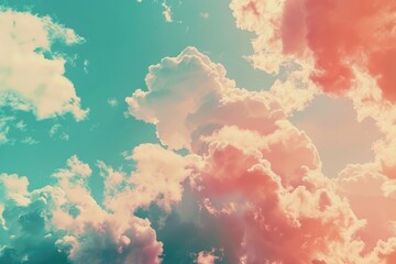 Poster - A plane flies through a cloudy blue sky with scattered clouds and sunbeams