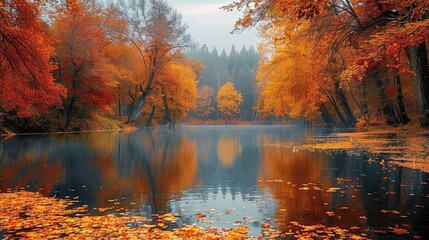 Wall Mural - A vibrant autumn forest with trees in shades of red, orange, and yellow, leaves gently falling onto a calm river running through the landscape. Generative AI.