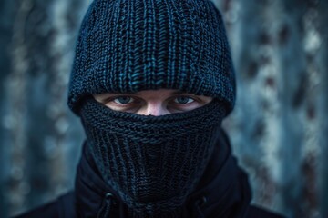 Poster - A person wearing a knitted hat and black jacket, suitable for cold weather scenes or winter activities