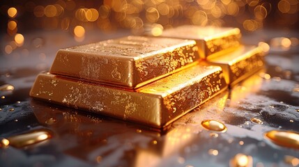 Poster - Luxurious gold bars on reflective gold plate. Generative AI.