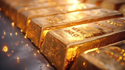 Poster - Luxurious gold bars on reflective gold plate. Generative AI.