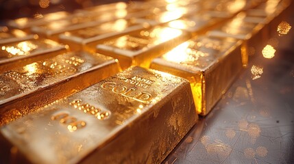 Poster - Luxurious gold bars on reflective gold plate. Generative AI.
