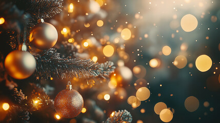 Wall Mural - A close-up of a beautifully decorated Christmas tree branch with golden baubles and twinkling lights, capturing the warm festive ambiance with a soft bokeh effect in the background.