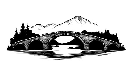 Medieval stone bridge with multiple arches spanning a wide river and mountain backdrop, vector illustration art