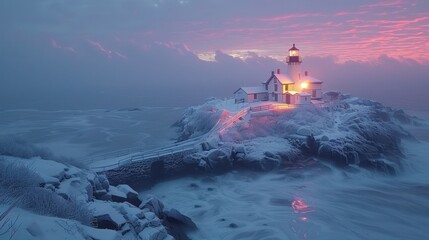 A winter evening at Nubble Lighthouse in York, Maine. The iconic lighthouse stands amidst a snowy landscape, illuminated by soft evening light, with the ocean waves gently crashing against the rocky