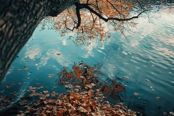 Wall Mural - A tree standing near a body of water, possibly a lake or river