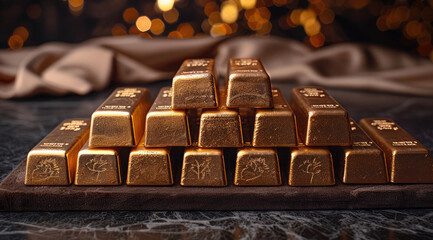 Poster - A set of gold bars of varying sizes displayed on a dark velvet background with spotlighting. Generative AI.