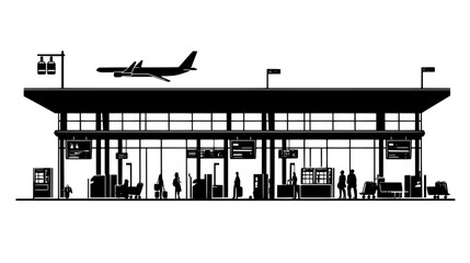 An airport terminal with gates, check-in counters, and baggage claim areas for travelers, vector illustration art