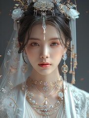 Sticker - A beautiful Chinese woman wearing a delicate embroidered Hanfu wedding dress, adorned with a gorgeous headpiece. Generative AI.