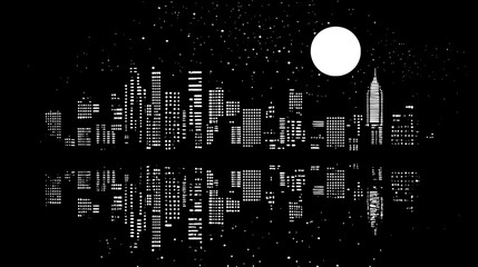 Wall Mural - City buildings lit up at night, a body of water reflecting lights, with a clear night sky, vector illustration art