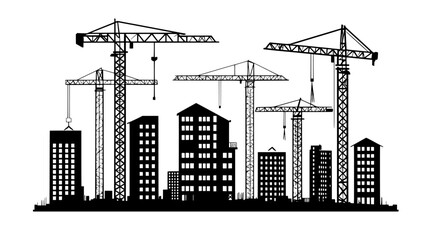 Wall Mural - Construction cranes and partially completed buildings within an expanding urban area, vector illustration art