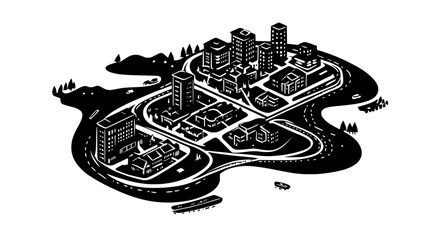 Wall Mural - Elevated view of urban infrastructure with visible road intersections, building clusters, and a nearby coastline, vector illustration art