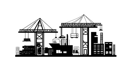 Wall Mural - Facility with multiple cranes and hoists, surrounded by materials and shipping containers, vector illustration art