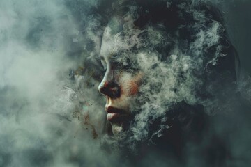 Wall Mural - A woman with smoke emitting from her face, suitable for illustrations on environmental issues or air pollution themes