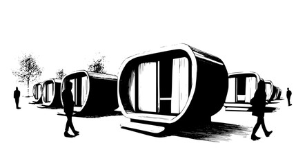 Moveable wooden pods forming a temporary village with shared spaces, vector illustration art