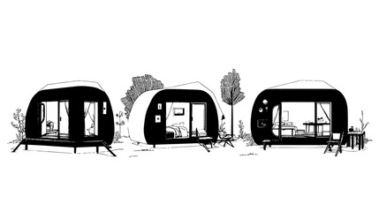 Moveable wooden pods forming a temporary village with shared spaces, vector illustration art