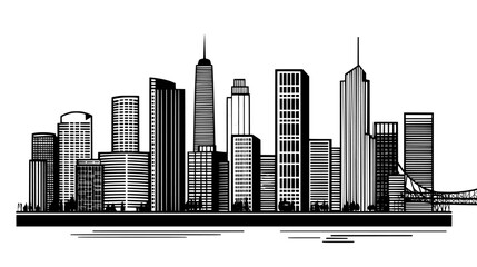 Wall Mural - Row of skyscrapers near a waterfront, with a bridge visible and various urban buildings nearby, vector illustration art