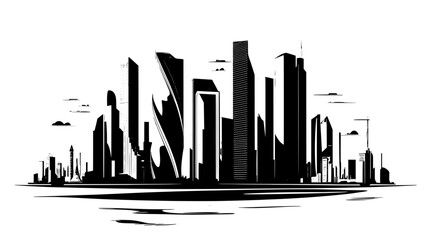 Wall Mural - Glass-covered skyscrapers towering over cityscape and river, vector illustration art